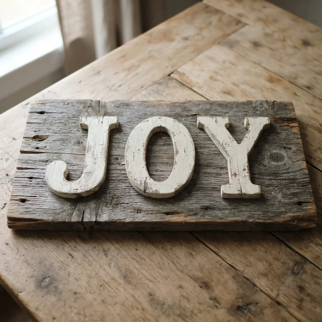 A handmade joy sign made from reclaimed barn wood with a chippy white paint finish.