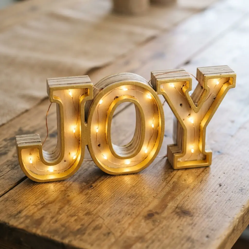 A wooden marquee sign with cut-out letters spelling joy, each lined with warm white fairy lights.