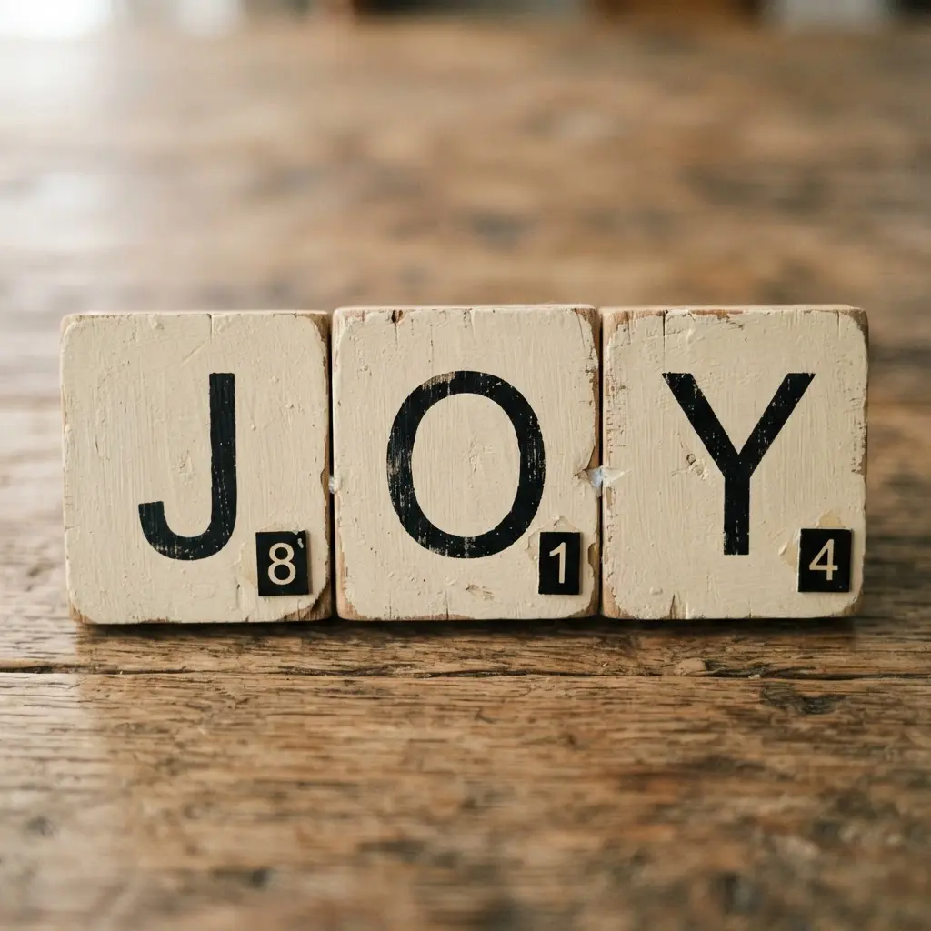 Oversized wooden scrabble tiles painted black and cream to spell the word joy as wall decor.