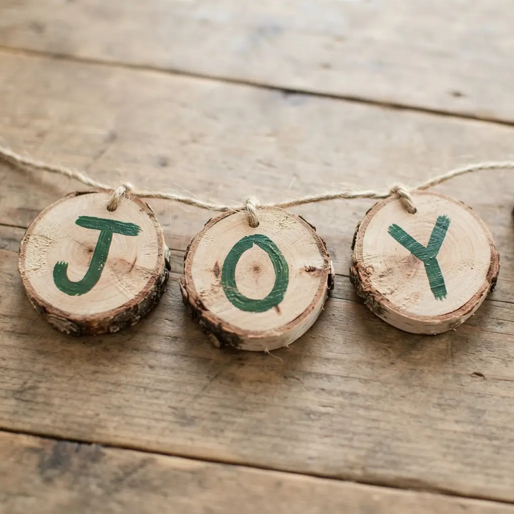 Three natural birch wood slices strung on twine, each painted with a letter to spell joy.