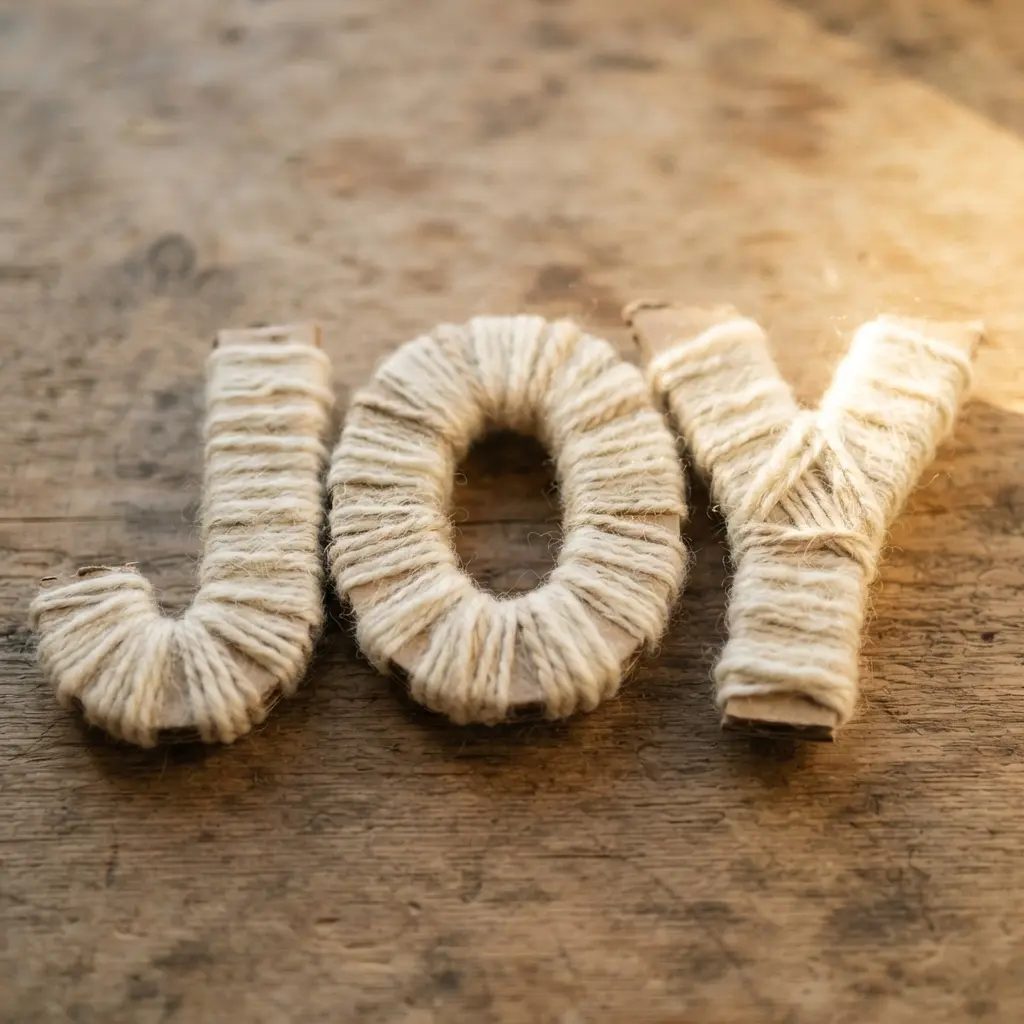 Three large cardboard letters spelling joy, each wrapped tightly in soft cream-colored yarn.