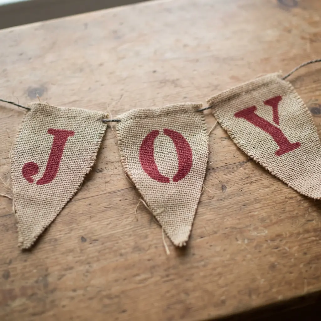 A simple banner made from three burlap pennants, each stenciled with a red letter to spell joy.