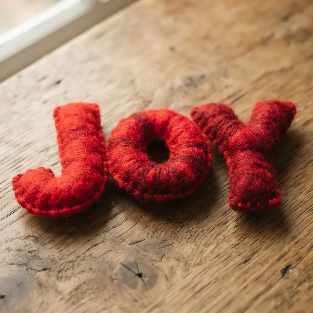 Thick, puffy letters spelling joy made from red felted wool resting on a wooden mantle.