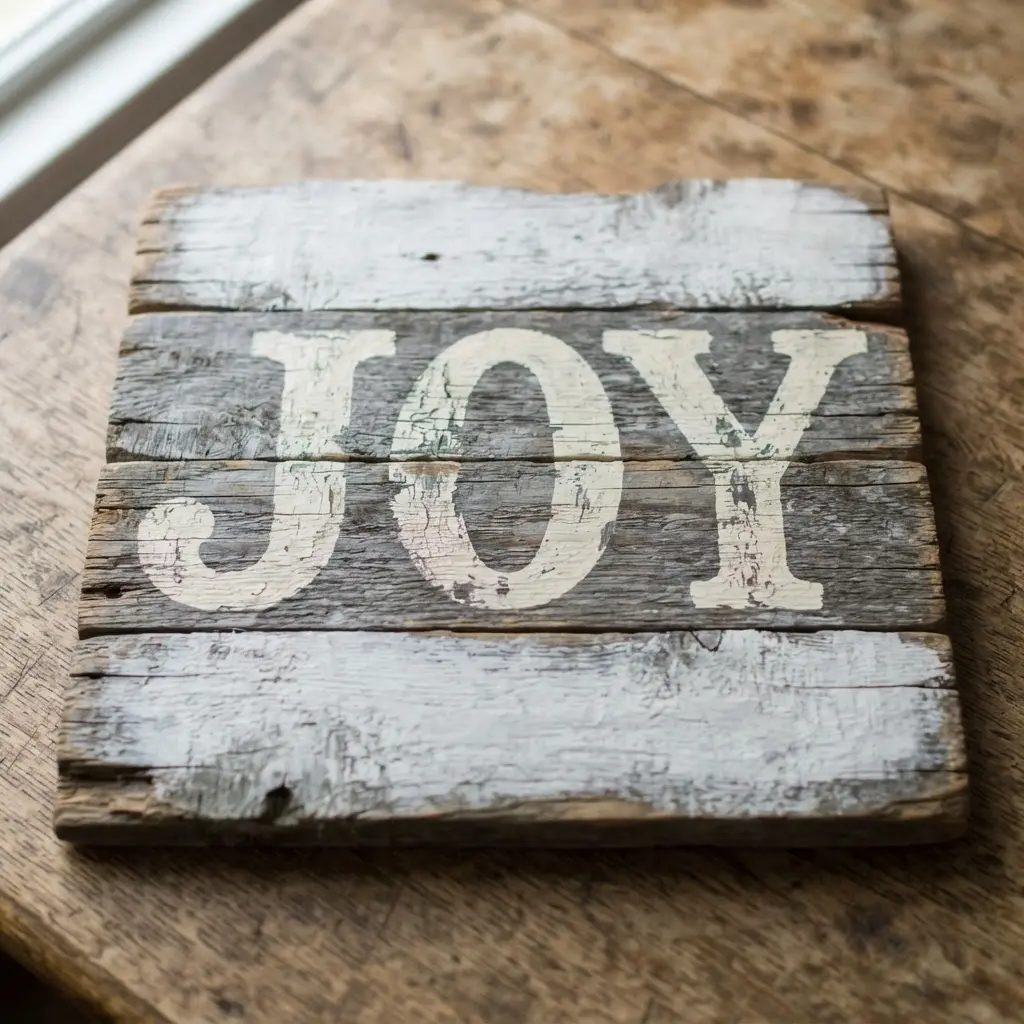 A wide, reclaimed wood plank with the word joy painted in white and lightly sanded for a distressed look.
