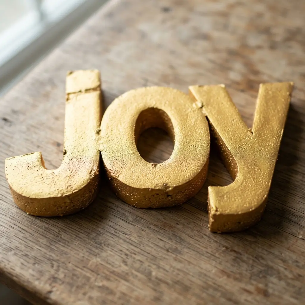 Three large foam craft letters sprayed with a bright gold metallic paint to spell joy.