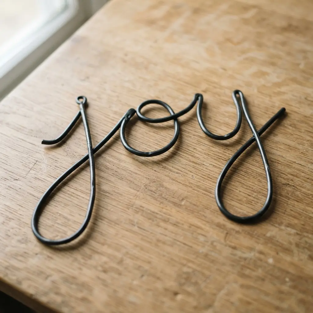 A single continuous piece of black wire bent into a cursive script spelling the word joy.