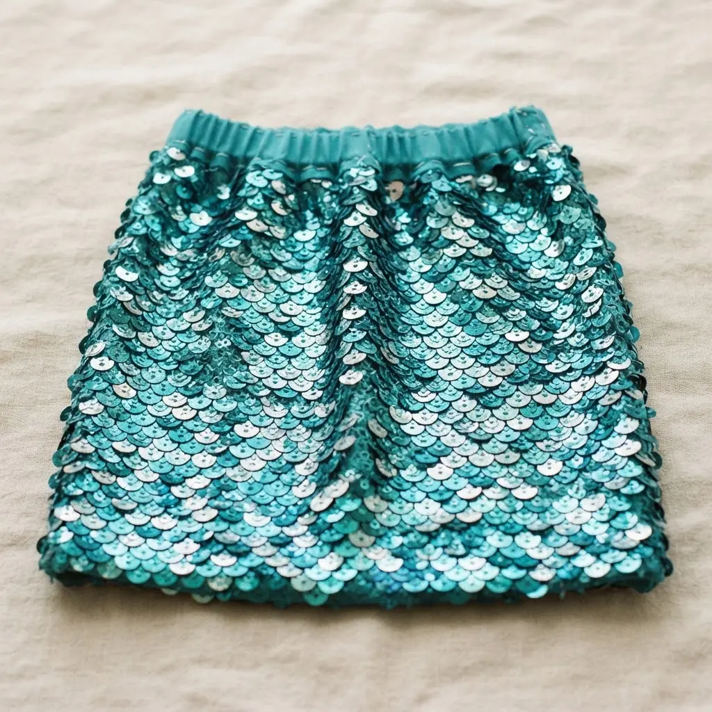 A child's skirt covered in rows of teal sequins that catch the light, creating a scaly texture.