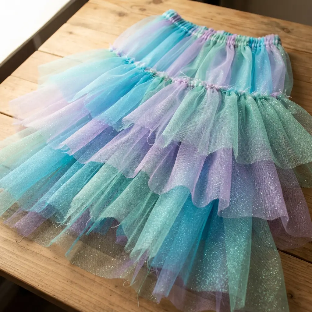 A voluminous skirt made from many layers of iridescent blue and green tulle, creating a soft, floating fin effect.