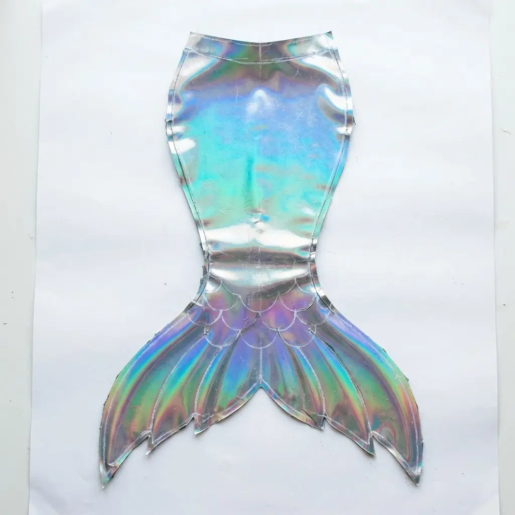 A separate mermaid tail piece made from shiny holographic vinyl, designed to be worn over leggings for easy removal.