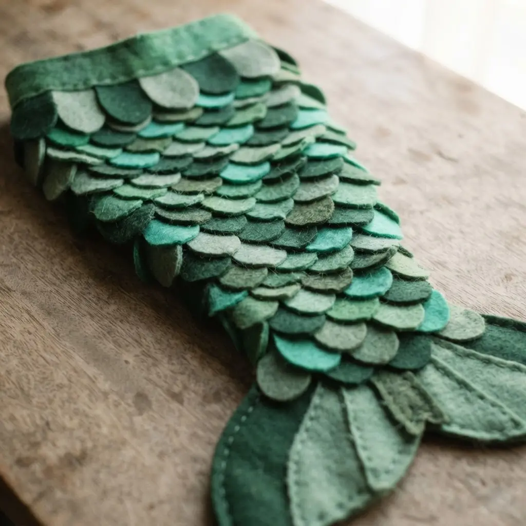 A soft green tail made from layered felt pieces cut into petal shapes, creating a textured, scale-like appearance.