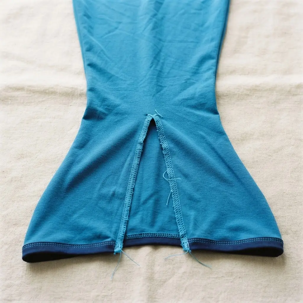 A form-fitting tail made from blue spandex with a high slit up the front to allow for comfortable walking and running.