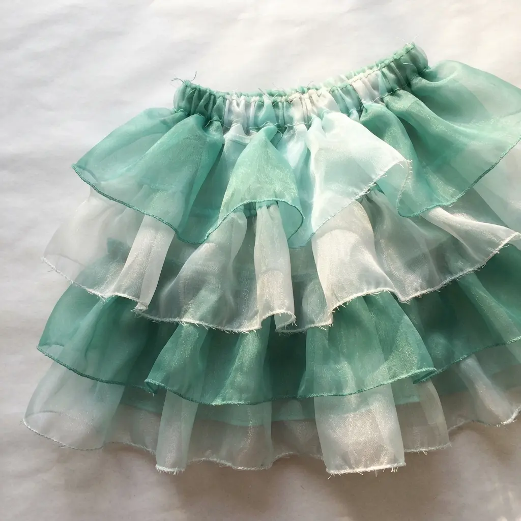 A skirt featuring cascading ruffles of sheer sea-green organza that mimic flowing water and ocean waves.