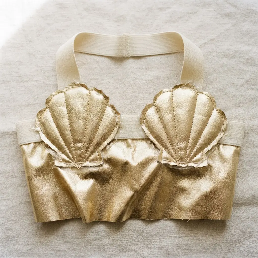 A simple bodice top decorated with two large, stylized shell shapes cut from metallic gold fabric.