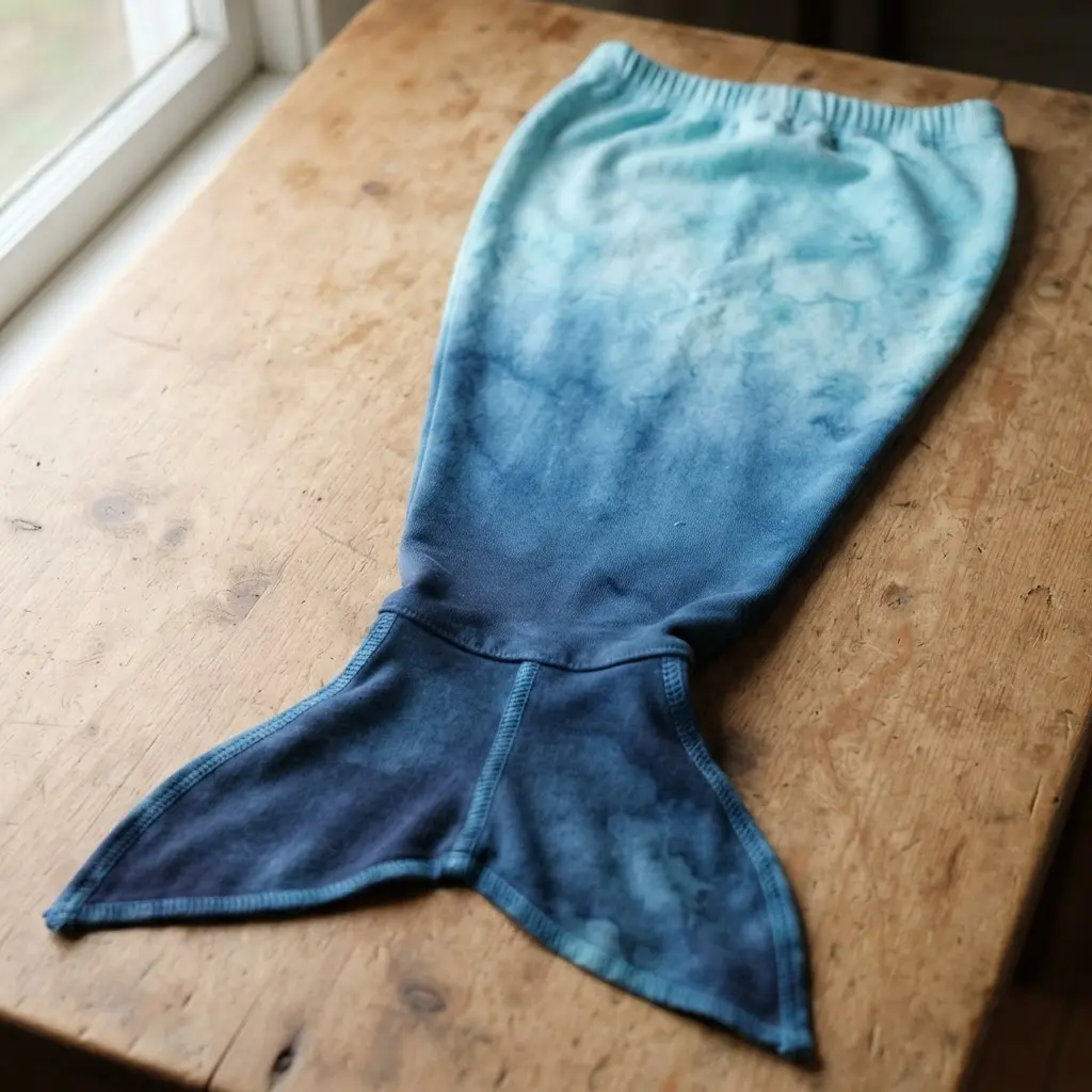 A soft, stretchy tail made from cotton jersey fabric dyed in a gradient from deep blue at the bottom to light aqua at the top.