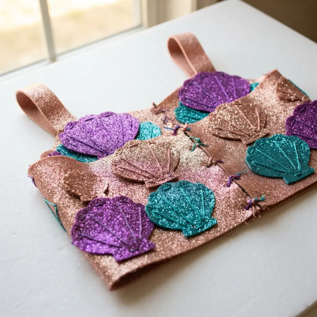 A basic t-shirt or leotard embellished with seashell shapes cut from glitter-infused felt and attached with fabric glue.