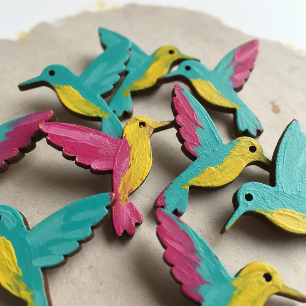 Two small wooden hummingbird stud earrings painted with turquoise, pink, and yellow scalloped feather details and floral accents against a neutral background.