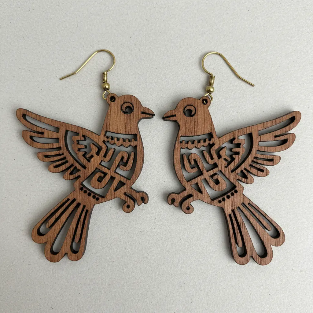 Clean-lined laser cut wood earrings showcasing a flying bird silhouette in a rich walnut stain, paired with simple gold earring hooks and a subtle satin finish.