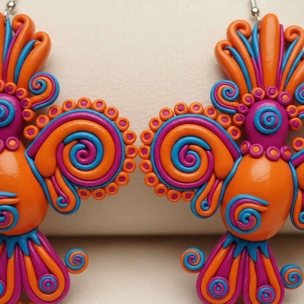A pair of sculpted polymer clay dangle earrings shaped like colorful Alebrije birds with exaggerated wings, bright orange bodies, and tiny black dot eyes on hypoallergenic hooks.