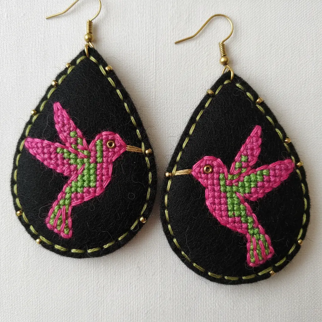 Teardrop-shaped felt earrings embroidered with a tiny bird, floral stitches, and contrasting thread colors in hot pink, lime green, and gold, suspended from gold-plated hooks.