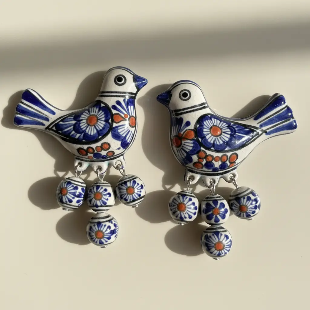 Elaborate chandelier earrings with ceramic-style bird pendants painted in classic Talavera blue, white, and orange geometric patterns, accented with small hanging beads.