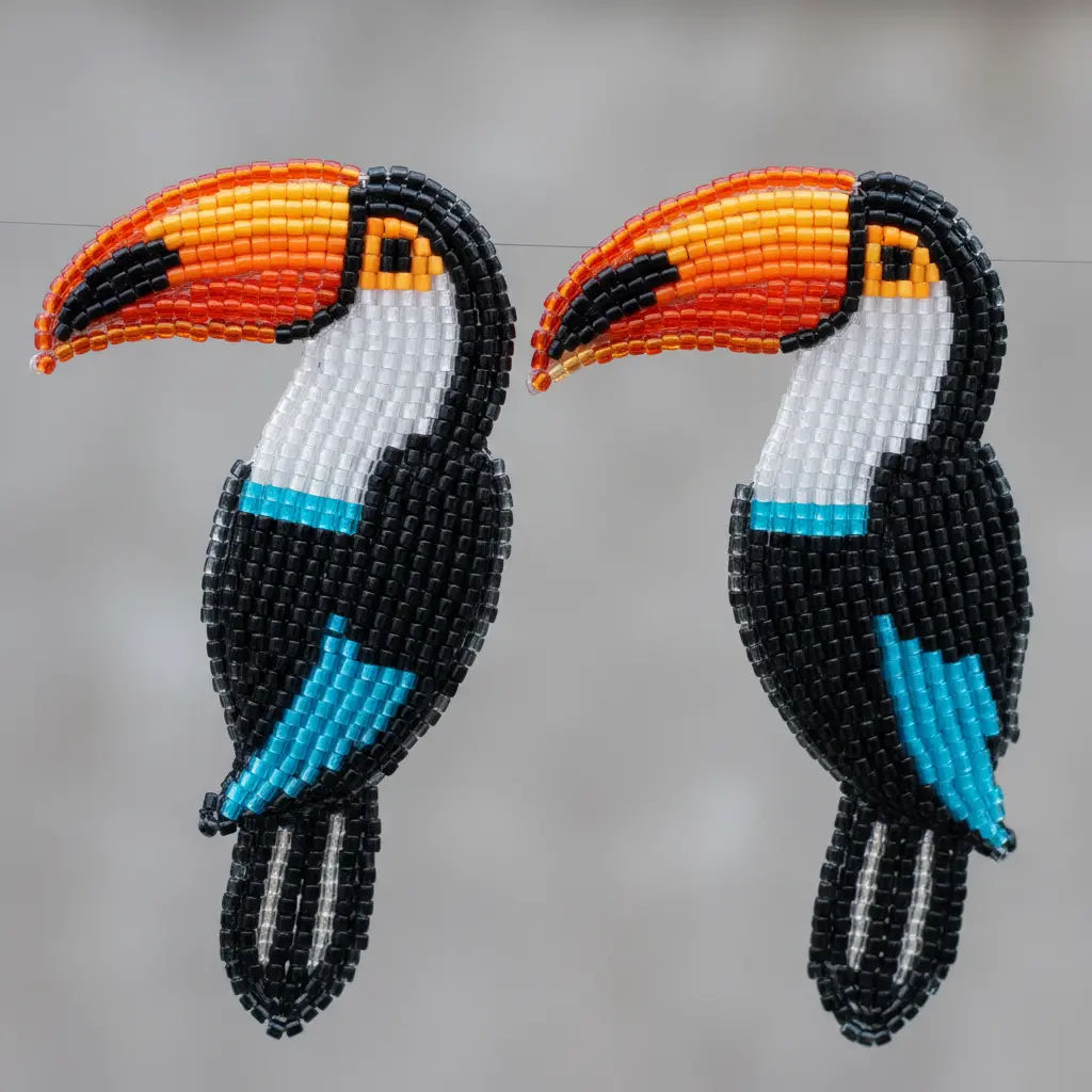 Oversized statement earrings featuring a woven seed bead toucan design with a large yellow-orange beak, black body, and bright blue eye, set on a sturdy wire frame.