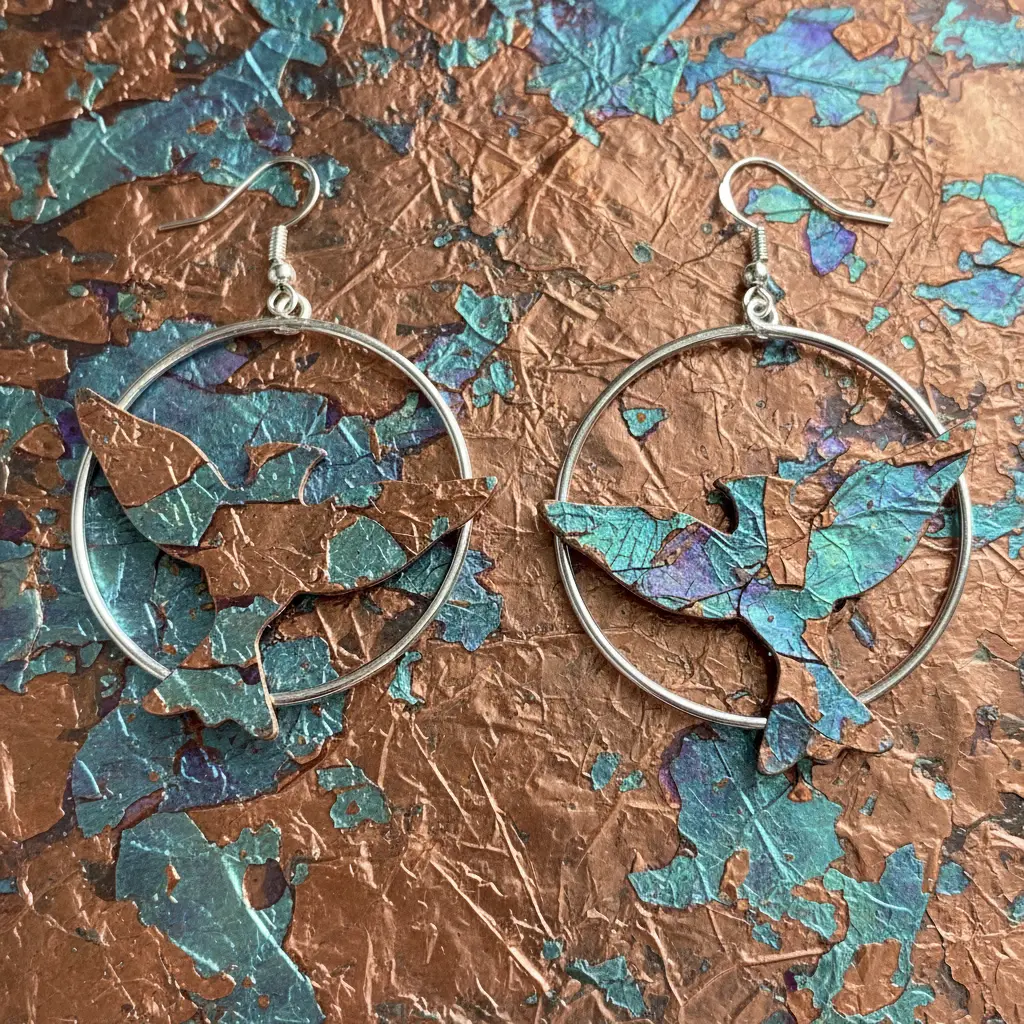 Lightweight hoop earrings adorned with cut-out metal foil bird shapes layered over painted paper, showing metallic turquoise and copper tones with textured details.