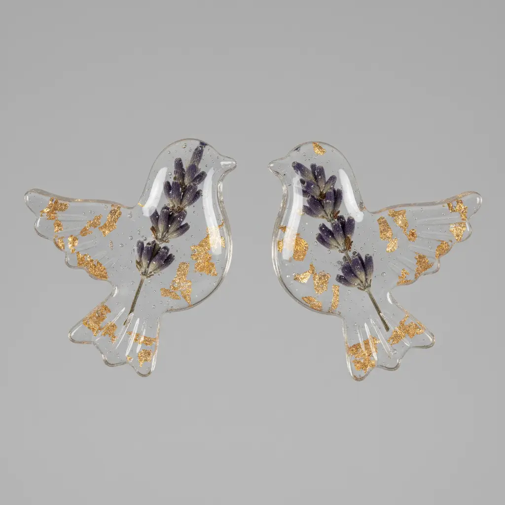 Smooth resin drop earrings with a transparent bird silhouette inlaid with pressed tiny flowers and gold flakes, catching light like a miniature suncatcher.