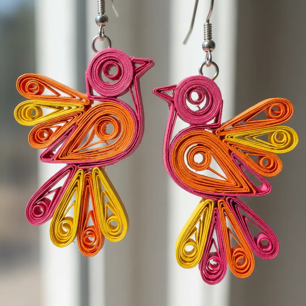 Tiny paper quilled earrings shaped as bright birds with tightly coiled paper strips in fuchsia, orange, and yellow, mounted on small sealed wood rounds and silver hooks.