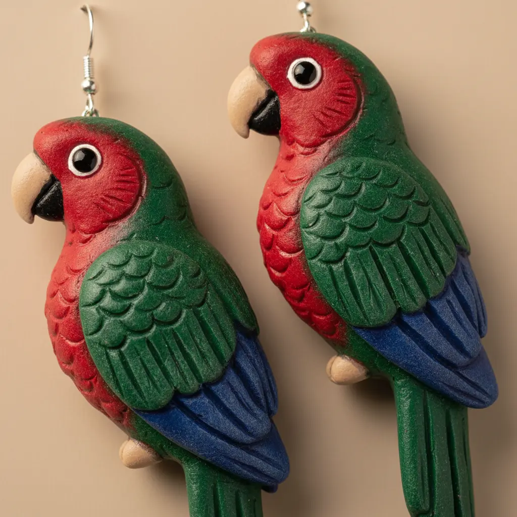 Matte cold porcelain parrot earrings with hand-textured feather impressions, painted in vibrant green, red, and blue, with a glossy spot glaze on the eyes and a brass jump ring attachment.