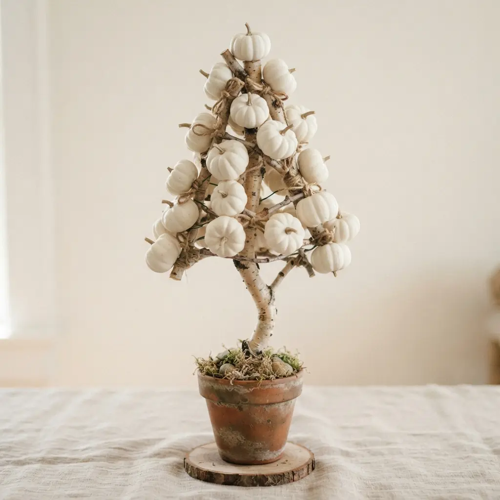 A rustic miniature topiary featuring white craft pumpkins secured to a forked birch branch armature.