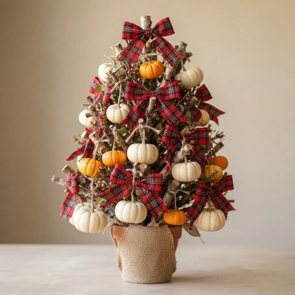 A cozy mini pumpkin tree with plaid ribbon bows tied among the pumpkins and branches.