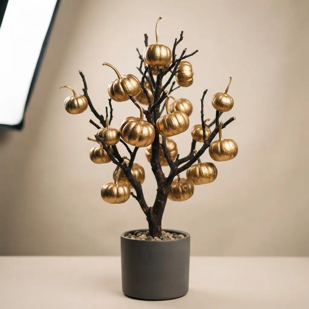 A modern centerpiece tree with metallic gold pumpkins arranged on a dark, stable branch.