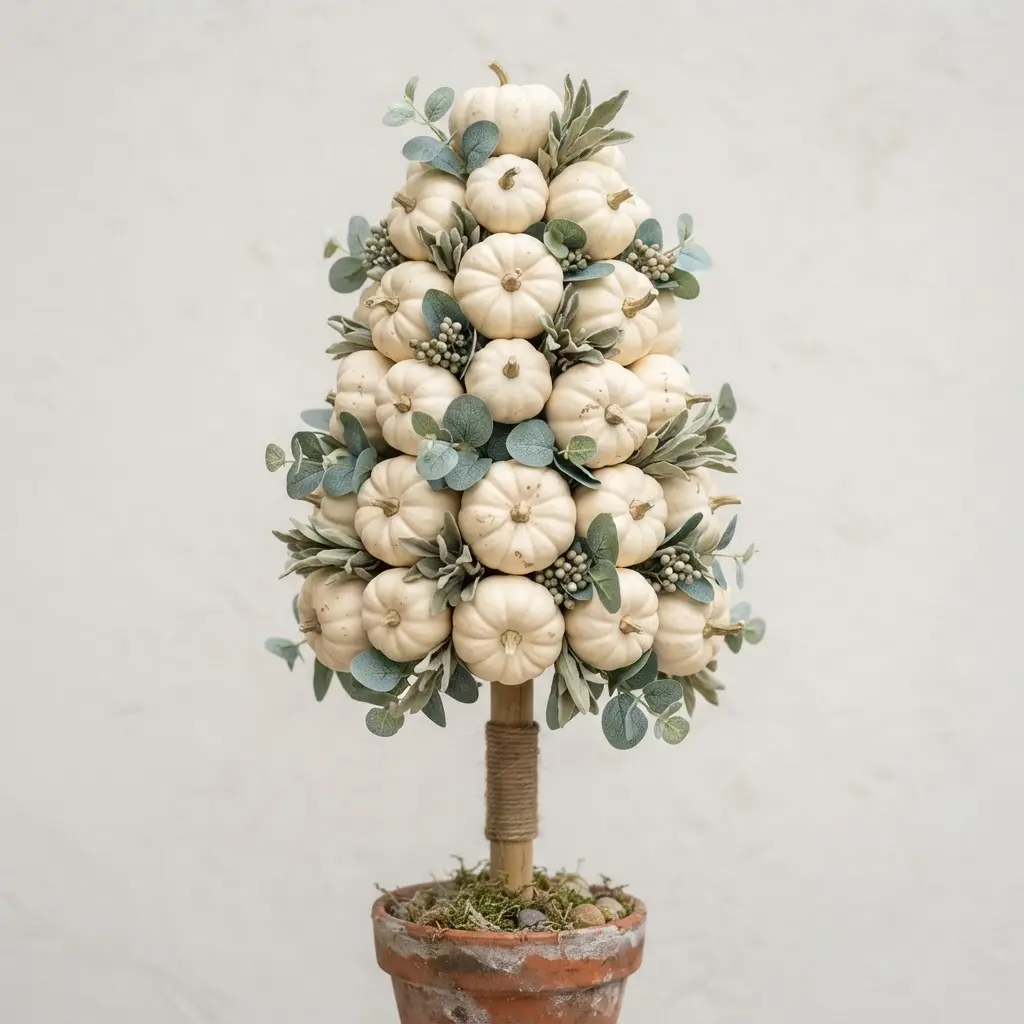 A minimalist pumpkin tree with cream-colored gourds and sprigs of faux eucalyptus for texture.
