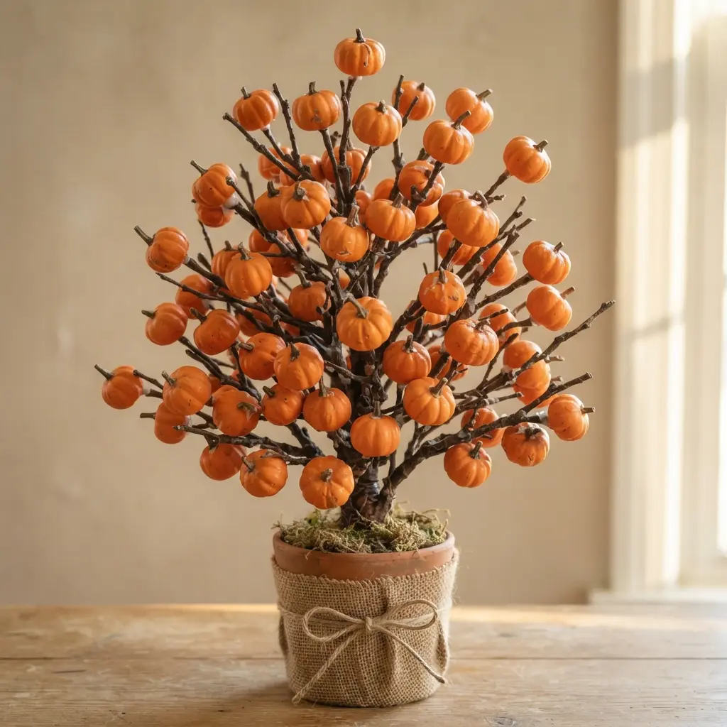 A farmhouse-style twig tree densely decorated with classic orange mini craft pumpkins.