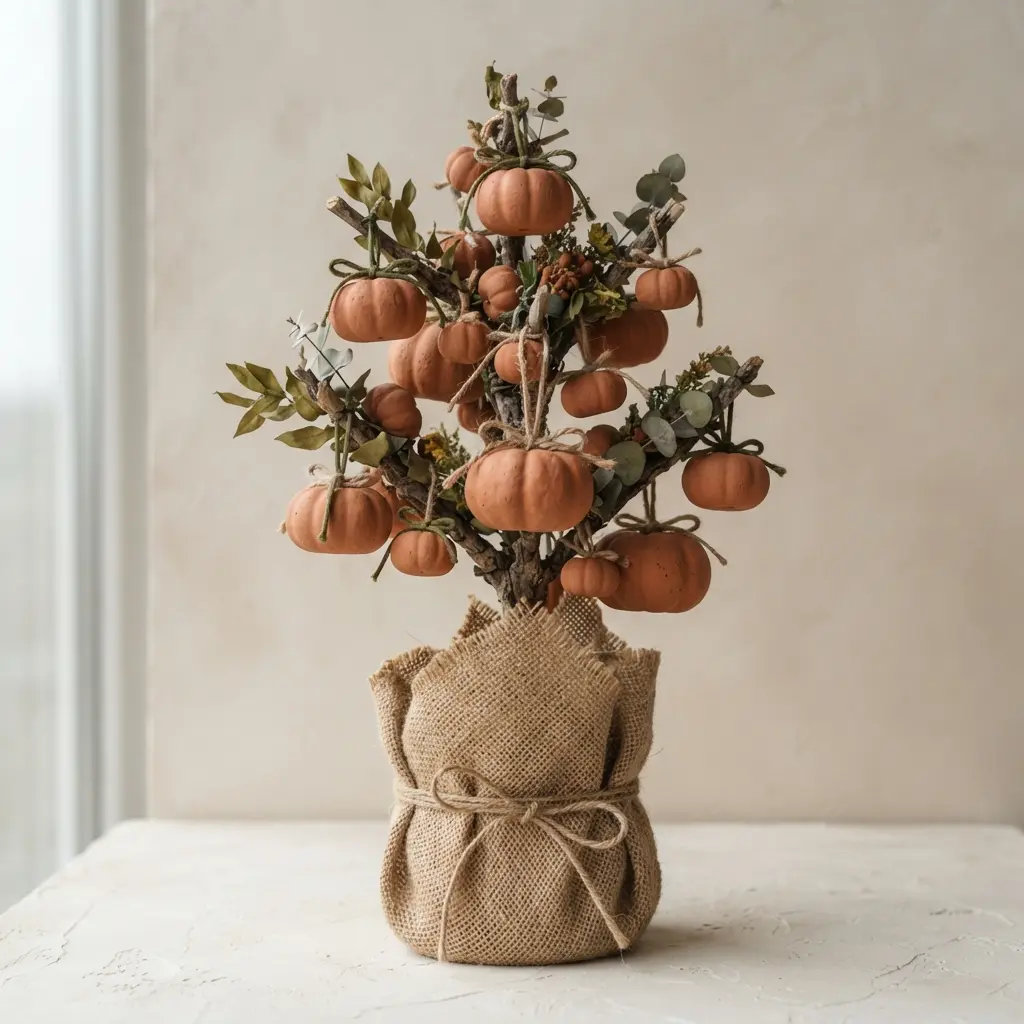 A boho-inspired mini tree with a burlap-wrapped base and an assortment of small, matte pumpkins.