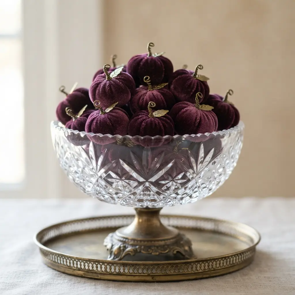 A luxurious arrangement of deep-colored velvet pumpkins nestled in a crystal glass container as a tree.