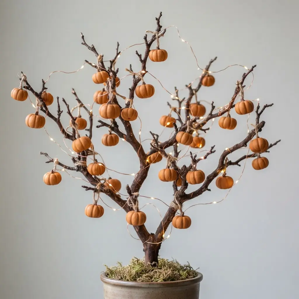 A whimsical lighted branch with miniature pumpkins and warm micro-LED fairy lights woven throughout.