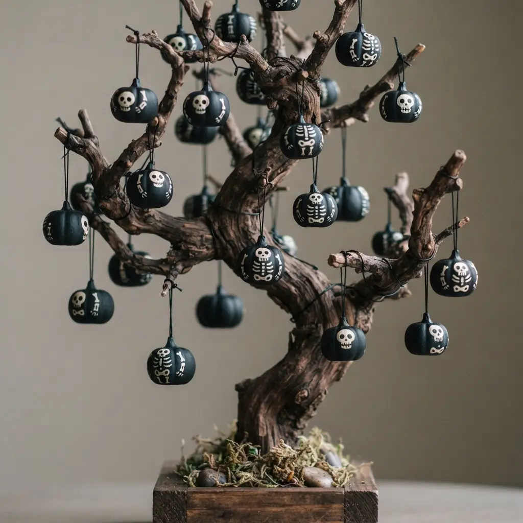 A spooky Halloween tree made from a gnarled branch and matte black pumpkins with skeleton accents.