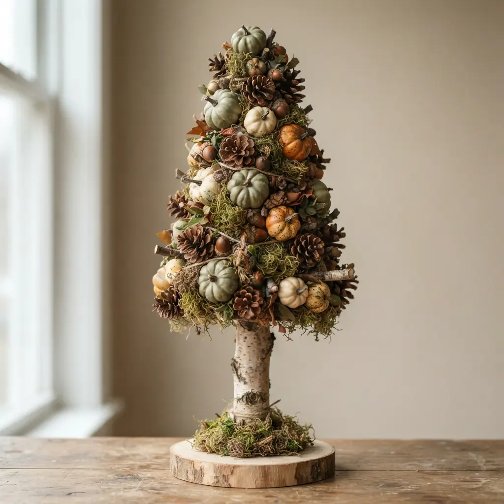 A natural fall topiary combining mini gourds, pinecones, and dried moss on a sturdy branch.