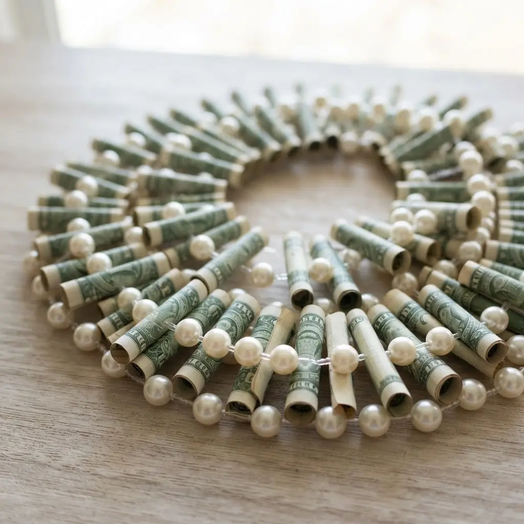 Elegant ivory pearls are strung between rolled money scrolls on a strong, transparent beading wire.