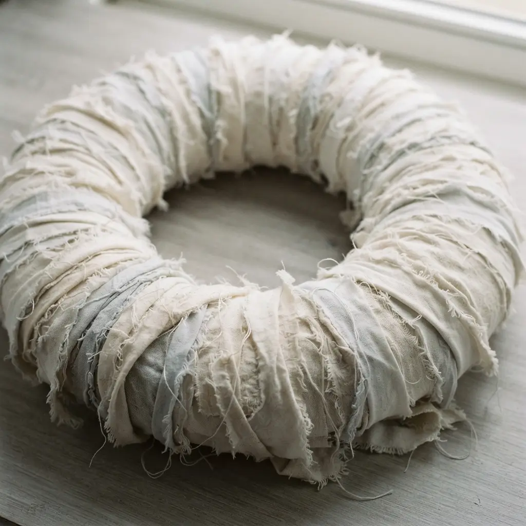 A mummy wreath created with torn, uneven strips of white cotton sheet layered thickly on a foam ring.