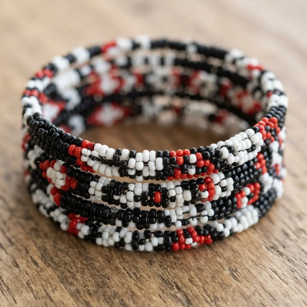 A coiled memory wire bracelet densely strung with small beads in a geometric pattern of black, white, and red.
