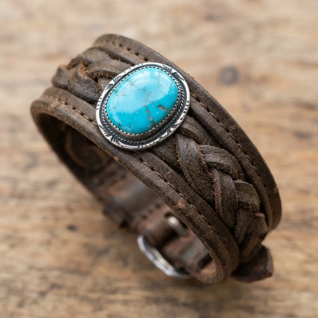 A sturdy bracelet made from braided brown leather straps with a rectangular turquoise cabochon set into the center.