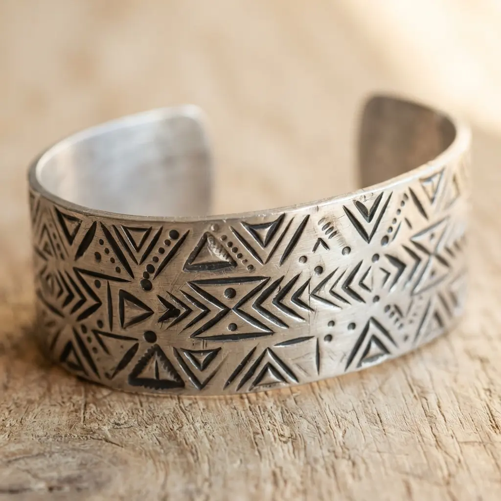 A silver-toned aluminum cuff bracelet covered in a repetitive pattern of triangles and lines made with metal stamps.