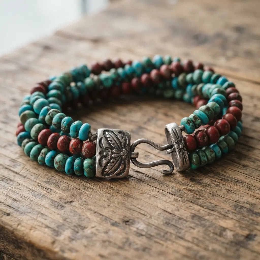 Several strands of beads, mixing turquoise and red jasper stones, are gathered together with a central silver clasp.