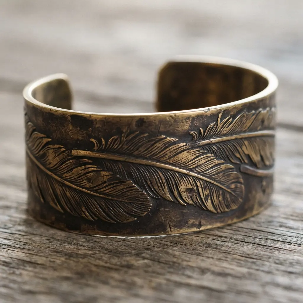 A wide brass cuff with a dark, antiqued finish and a detailed etching of overlapping feather designs.