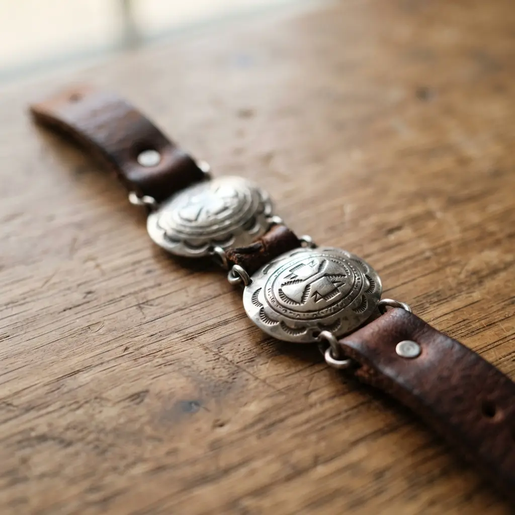 A leather strap bracelet where the ends are joined by two detailed silver conchos with geometric patterns.