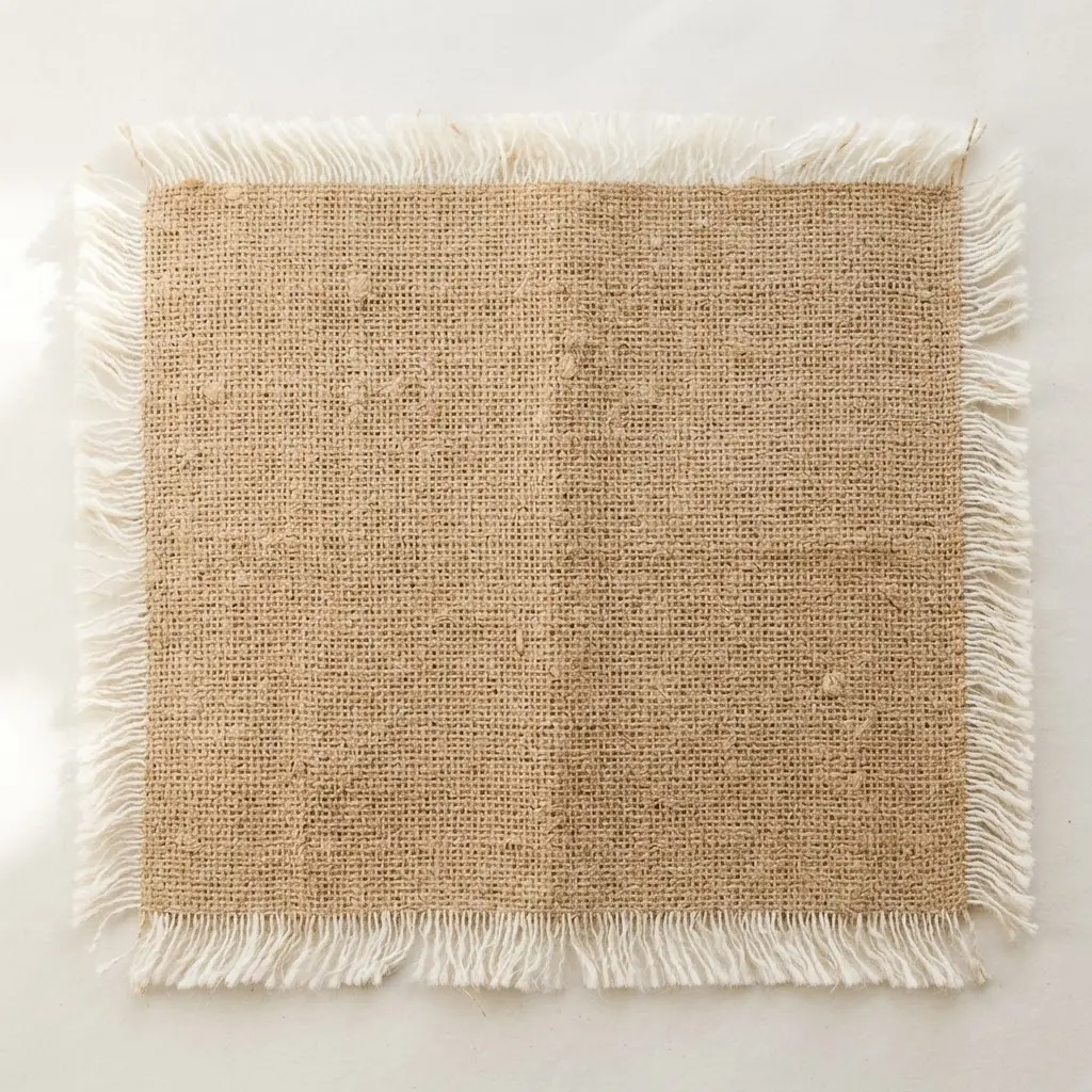 A rectangular placemat made from natural-colored burlap with a long, unraveled fringe along both short ends.