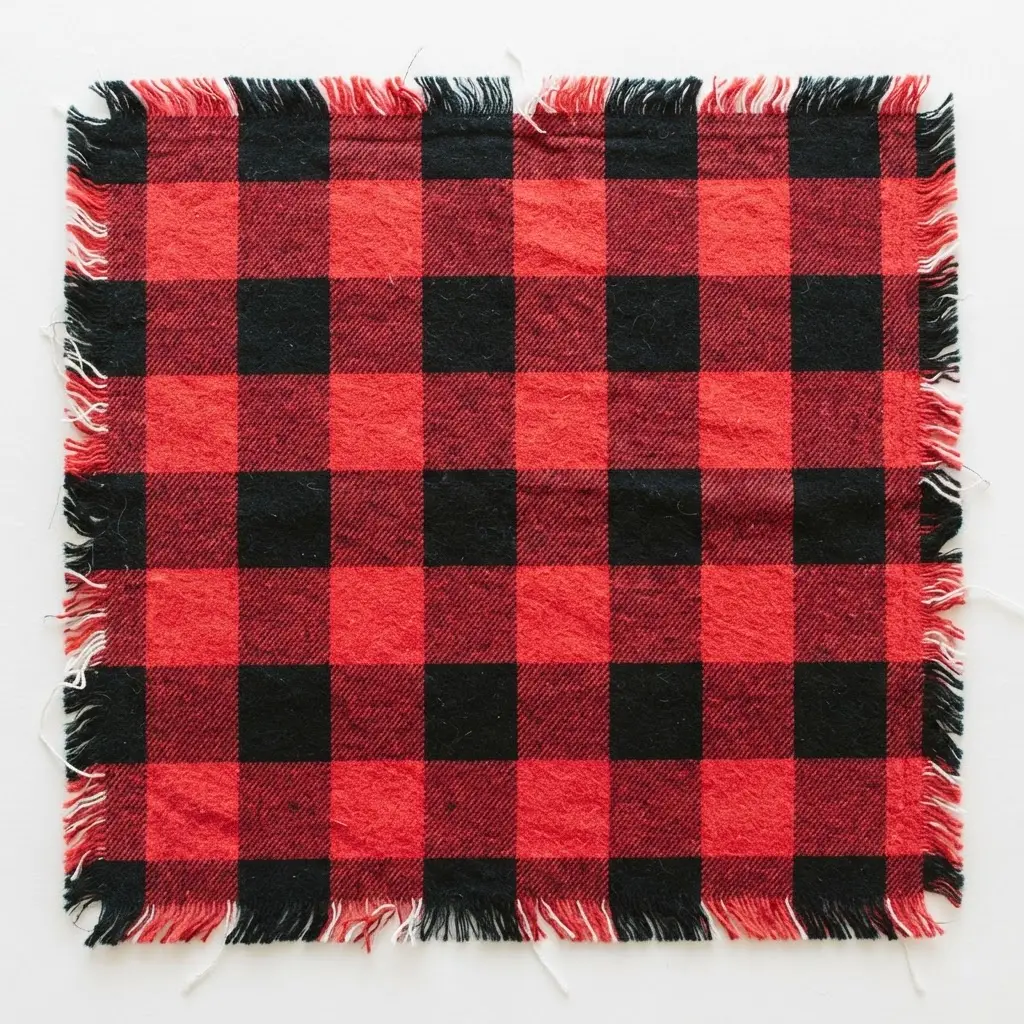 A red and black buffalo check flannel fabric placemat with intentionally frayed raw edges for a casual look.
