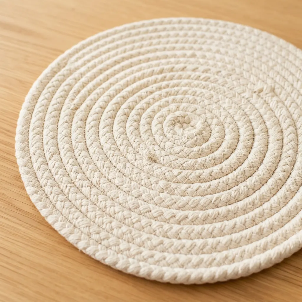 A circular placemat formed by coiling thick, braided natural cotton rope into a flat spiral shape.